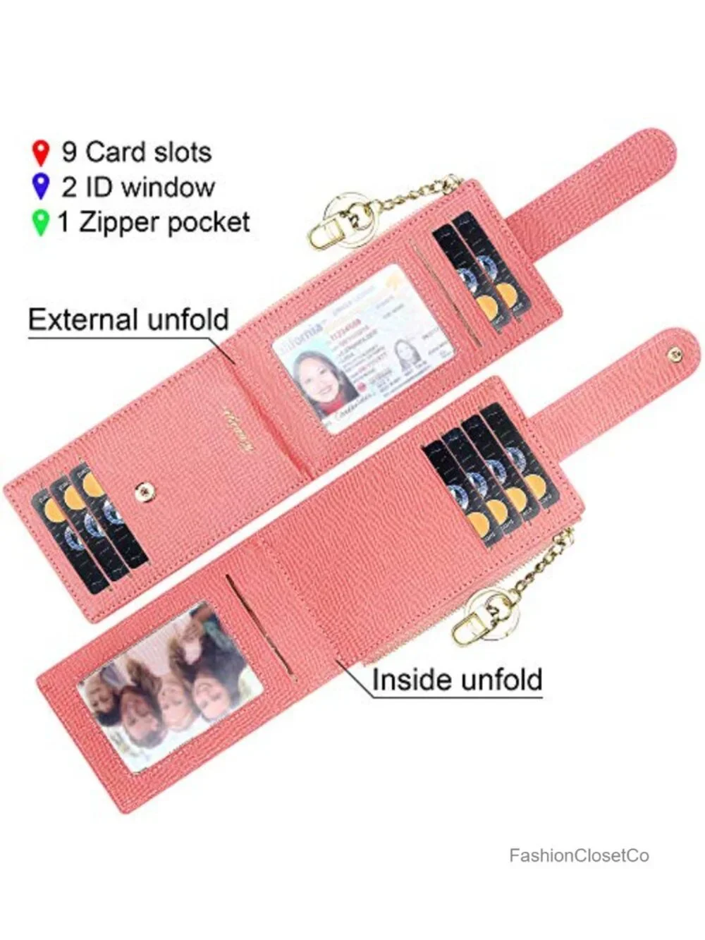 Slim Women RFID Blocking Bifold Compact 9 Card Slots Wallet with Zipper Coin